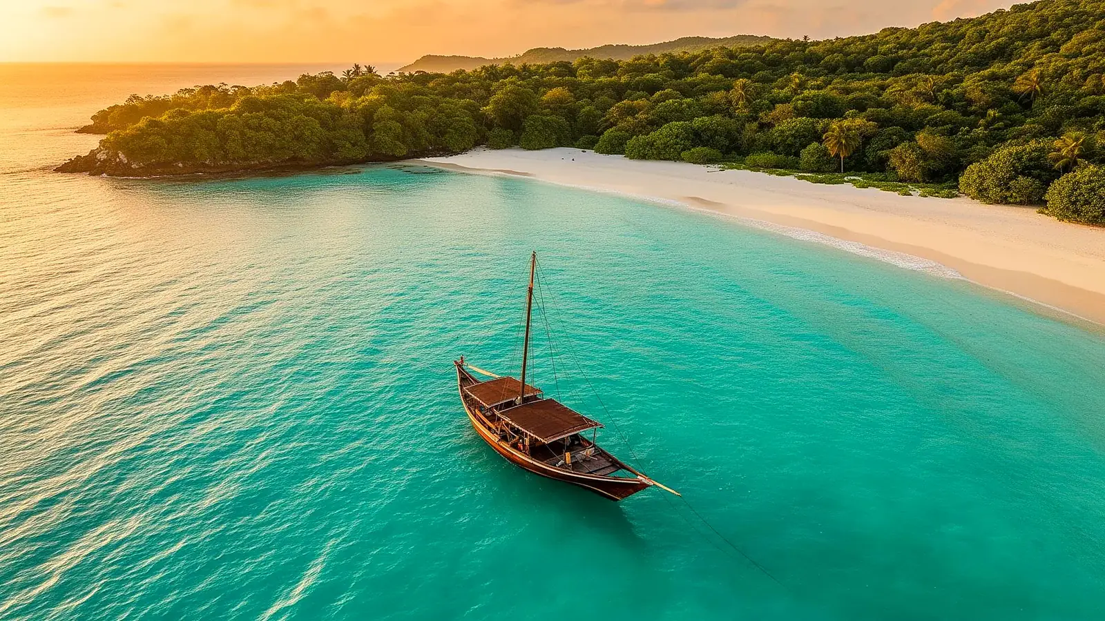 Praia tropical com barco em água cristalina